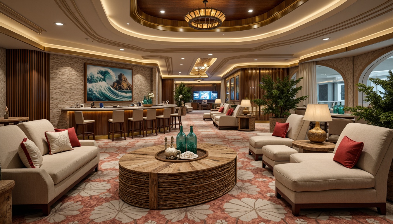 Prompt: Coastal-themed casino interior, luxurious velvet sofas, distressed wood coffee tables, nautical rope accents, ocean-inspired artwork, turquoise glass vases, shell-patterned rugs, driftwood decorative walls, metallic gold lighting fixtures, sleek marble bars, plush area rugs, curved lines, ornate mirrors, lavish chandeliers, warm beige upholstery, coral-colored throw pillows, wave-motif wallpaper, rich wood tones, glamorous ambiance, soft focus, cinematic lighting, 1/2 composition.