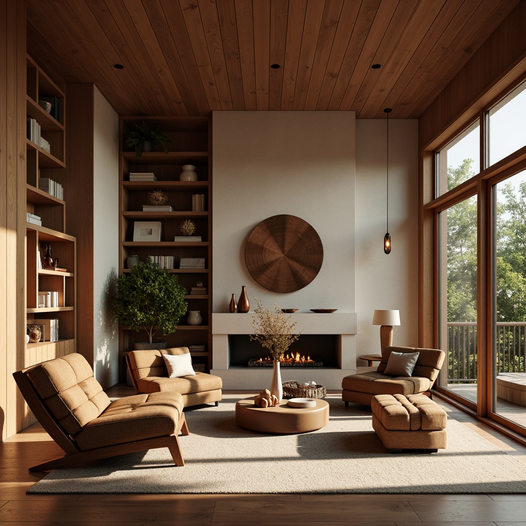 Prompt: Mid-century modern living room, walnut wood furniture, curved lines, organic shapes, tufted upholstery, velvet fabrics, geometric patterns, minimalist decor, natural materials, earthy color palette, warm ambient lighting, soft shadows, 3/4 composition, shallow depth of field, realistic textures, atmospheric perspective.