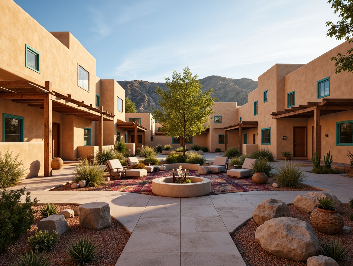 Prompt: Southwestern-style campus, warm beige buildings, curved adobe architecture, vibrant turquoise accents, natural stone pathways, lush cacti gardens, wooden pergolas, comfortable outdoor seating areas, colorful patterned textiles, woven baskets, traditional Native American-inspired patterns, rustic wooden furniture, warm golden lighting, soft desert landscape, distant mountain views, 1/1 composition, realistic textures, ambient occlusion.