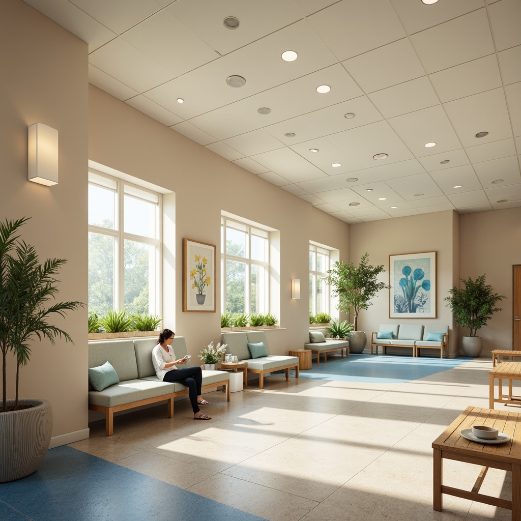 Prompt: Calming hospital interior, soft pastel colors, warm beige walls, gentle blue accents, soothing greenery, natural wood furniture, comfortable seating areas, calming artwork, subtle texture patterns, minimal ornamentation, functional lighting design, warm task lighting, cozy reading nooks, inviting waiting areas, peaceful atmosphere, shallow depth of field, 1/2 composition, realistic materials, ambient occlusion.