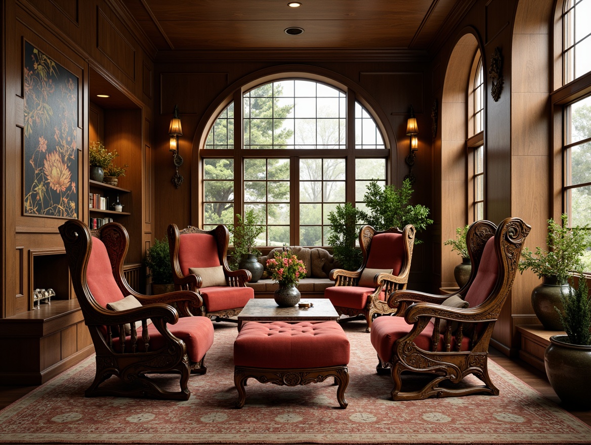 Prompt: Intricate wooden armchairs, velvet upholstery, sinuous curves, organic forms, flowing lines, ornate metalwork, bronze accents, stained glass windows, luxurious fabrics, tufted ottomans, carved wooden panels, Art Nouveau patterns, botanical motifs, floral arrangements, elegant coffee tables, ornamental vases, soft warm lighting, subtle color palette, 1/1 composition, shallow depth of field, realistic textures.