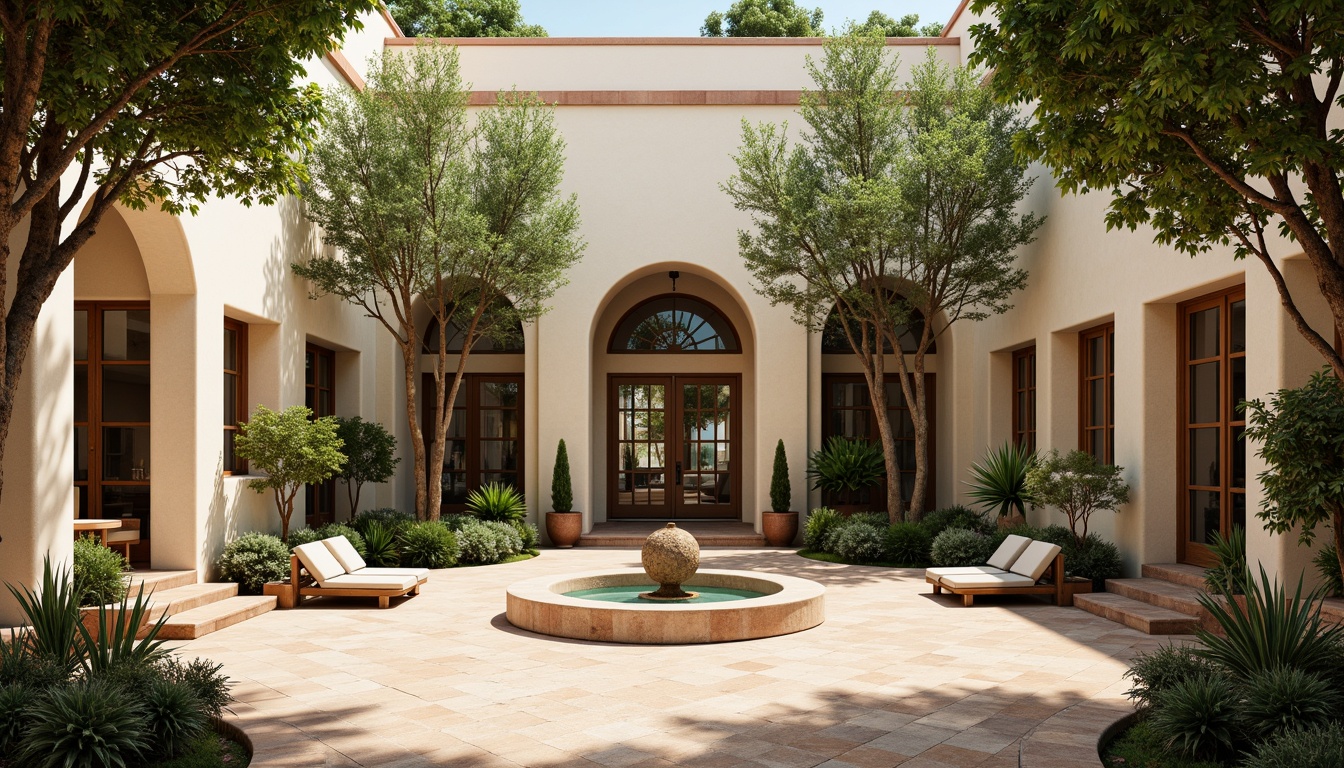 Prompt: Warm Mediterranean courtyard, lush greenery, olive trees, natural stone walkways, arched colonnades, ornate fountains, rustic wooden benches, ceramic tile flooring, soft warm lighting, shallow depth of field, 3/4 composition, panoramic view, realistic textures, ambient occlusion, elegant curved lines, cream-colored stucco walls, turquoise accents, decorative ironwork, grand entrance halls, high ceilings, marble columns, spacious atriums, bright natural light, airy open spaces.