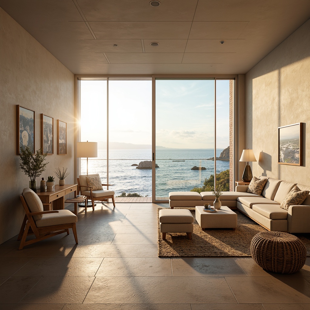 Prompt: Soft warm lighting, calming ocean views, natural textures, driftwood accents, nautical themed decor, comfortable waiting areas, soothing color palette, large windows, sliding glass doors, minimalist furniture, airy open spaces, coastal-inspired artwork, serene ambiance, gentle breezes, ocean-inspired soundscapes, subtle wave patterns, beachy vibes, warm beige tones, calming blue hues, natural fiber rugs, woven rattan furniture, eco-friendly materials, energy-efficient lighting systems, warm LED lighting, softbox lights, layered lighting effects, 1/1 composition, shallow depth of field, realistic textures, ambient occlusion.