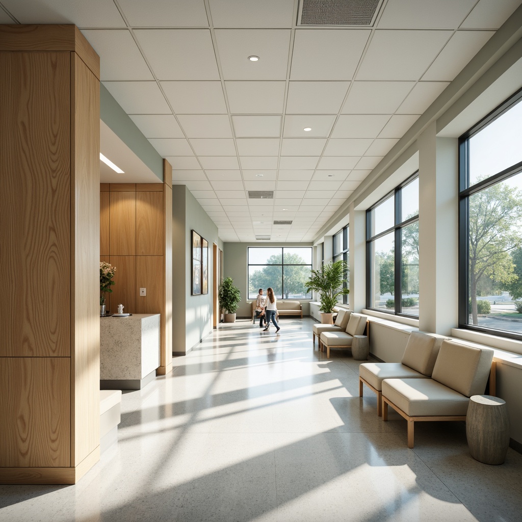 Prompt: Sterile healthcare interior, calm atmosphere, soft natural light, non-toxic materials, durable finishes, easy cleanability, antimicrobial coatings, scratch-resistant surfaces, comfortable acoustic panels, warm wood accents, calming color schemes, nature-inspired patterns, minimal ornamentation, functional furniture, ergonomic design, accessible layouts, wheelchair-friendly spaces, gentle LED lighting, soft shadows, 1/1 composition, realistic textures, subtle reflections.