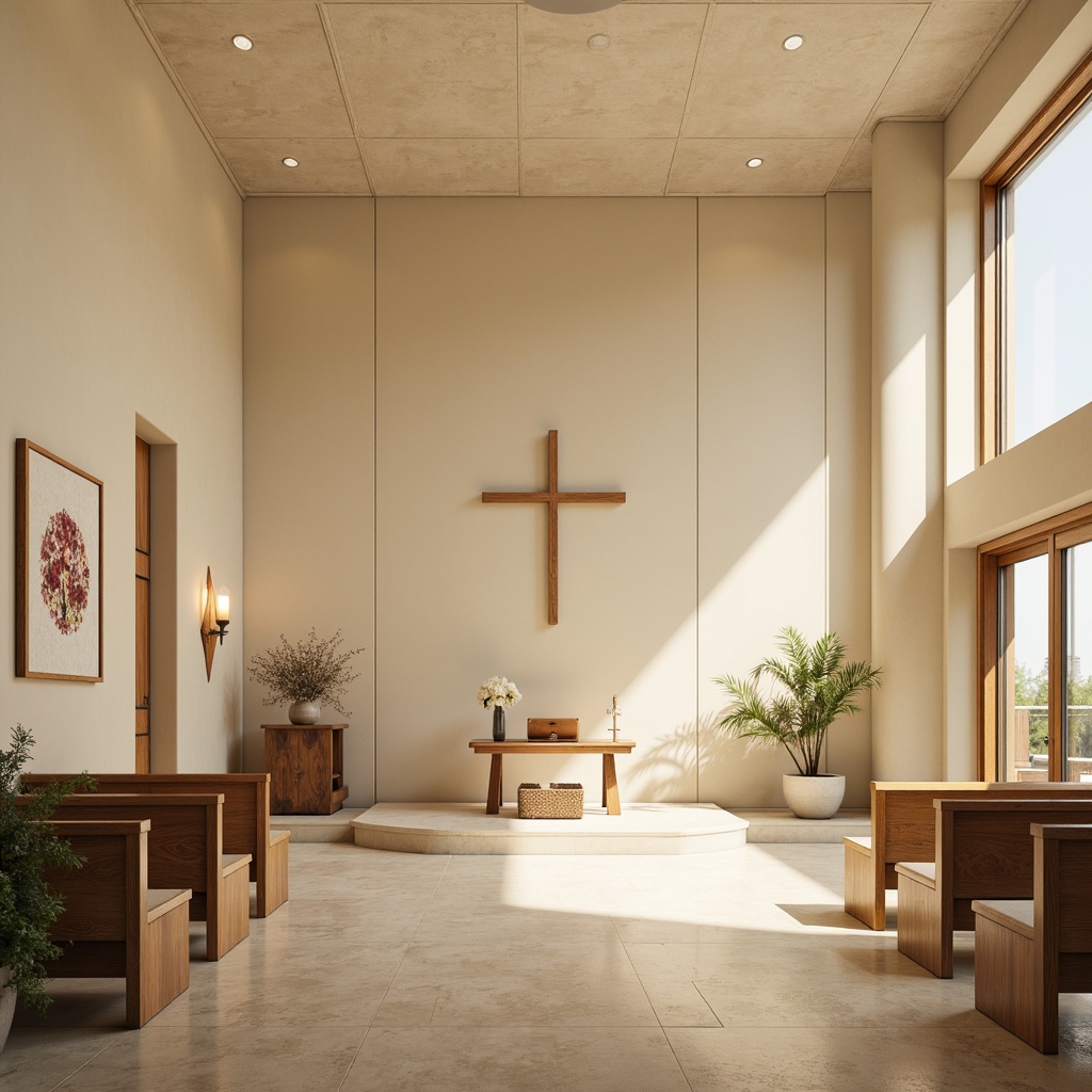 Prompt: Soothing sanctuary, cream-colored walls, warm beige floors, natural wood accents, minimalist decor, simple crucifix, soft candlelight, gentle shadows, calming ambiance, subtle texture overlays, neutral tone palette, earthy terracotta hues, soft sage greenery, serene white marble, understated elegance, peaceful atmosphere, shallow depth of field, 1/1 composition, warm softbox lighting, realistic renderings.