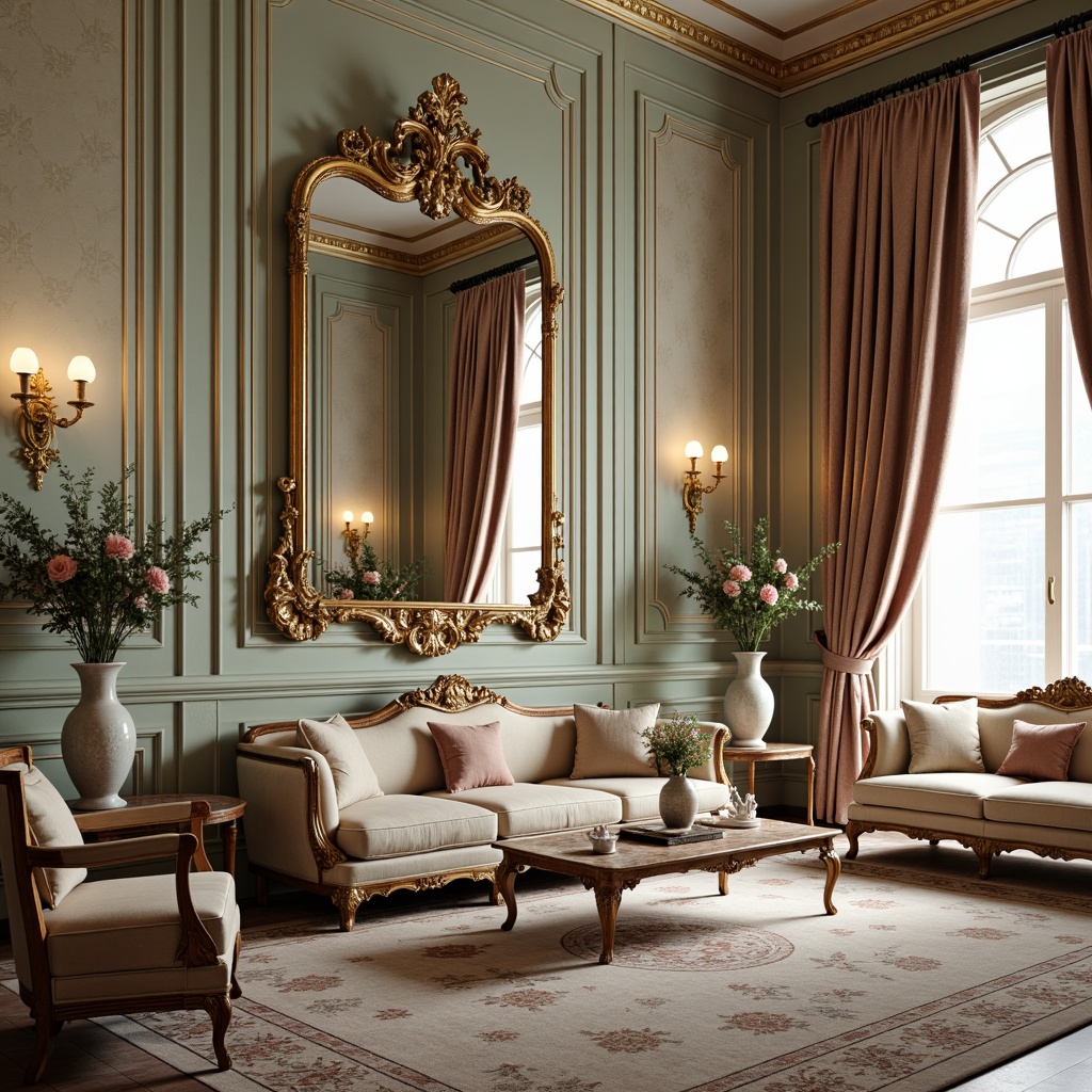 Prompt: Ornate mirror frames, gilded carvings, luxurious velvet fabrics, curved lines, shell-shaped motifs, soft pastel hues, intricately patterned rugs, ornamental vases, candelabras, carved wooden furniture, upholstered sofas, tufted ottomans, cabriole legs, marble inlays, crystal chandeliers, grandiose drapery, lavish textiles, Baroque-inspired accents, golden hardware, delicate porcelain figurines, romantic ambiance, warm soft lighting, shallow depth of field.