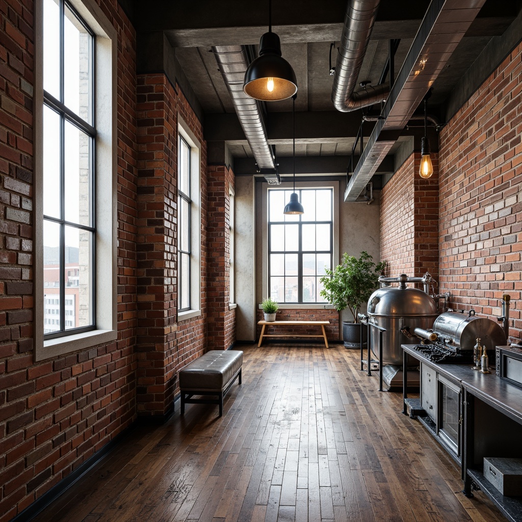 Prompt: Exposed brick walls, industrial metal accents, polished chrome fixtures, reclaimed wood floors, urban loft atmosphere, high ceilings, large windows, natural light, modern minimalist decor, metallic color palette, steel beams, concrete columns, Edison bulbs, vintage machinery parts, distressed finishes, rough textures, dramatic shadows, low-key lighting, 1/1 composition, realistic materials, subtle reflections.