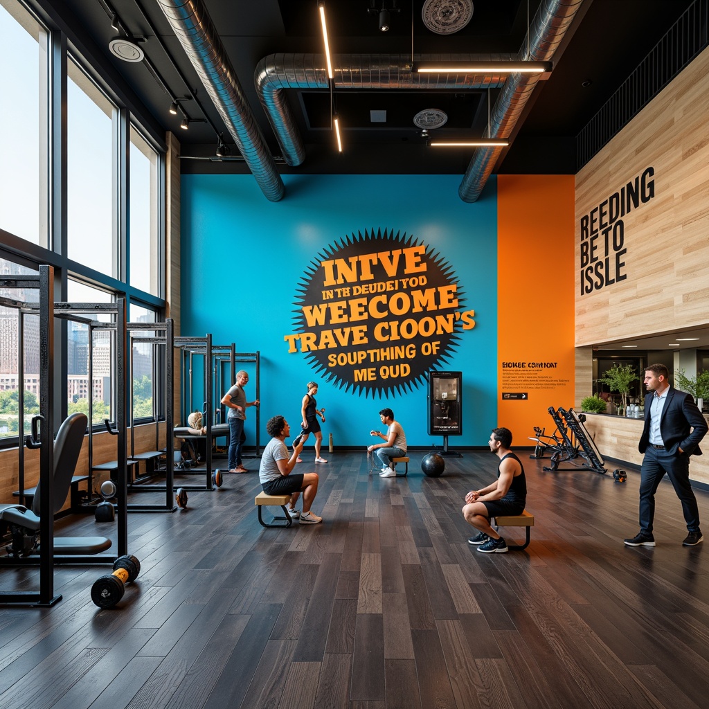 Prompt: Vibrant fitness center, bold workout equipment, motivational quotes, sleek metal accents, dark wood flooring, energetic color scheme, bright blue tones, deep orange hues, warm beige walls, high ceilings, large windows, natural light, modern architecture, minimalist design, ambient lighting, 1/1 composition, shallow depth of field, realistic textures.