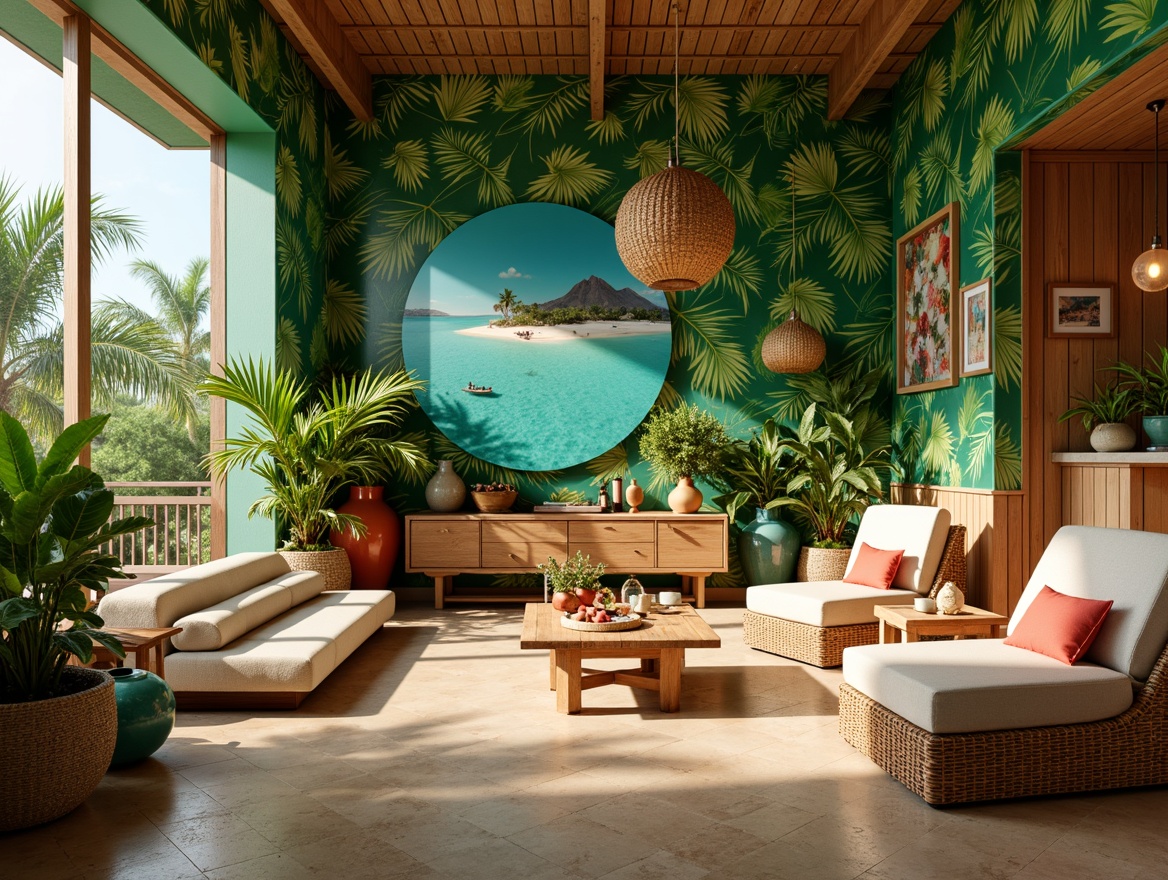 Prompt: Vibrant tropical interior, exotic island vibes, lush green walls, warm beige floors, natural wood accents, bold coral hues, sunny yellow shades, turquoise blue tones, soft mint greens, creamy whites, rattan furniture, wicker decor, palm frond patterns, floral motifs, vibrant textiles, jungle-inspired wallpaper, ambient warm lighting, shallow depth of field, 3/4 composition, panoramic view, realistic textures, subtle gradient effects.