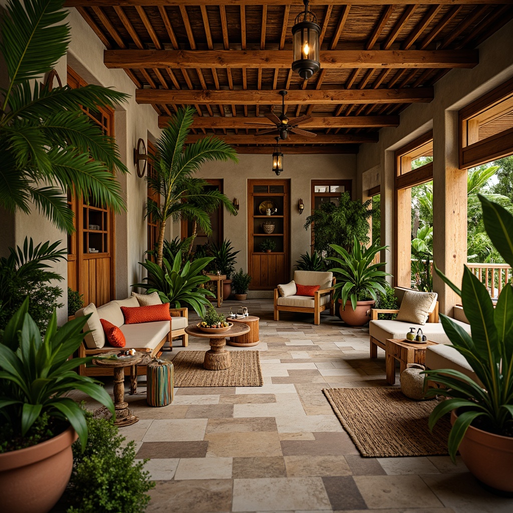 Prompt: Vibrant tropical plants, exotic wooden accents, rattan furniture, woven textiles, natural fiber rugs, warm beige stonework, earthy terracotta pots, lush greenery walls, colorful ceramic tiles, distressed wood finishes, rustic metal lanterns, ambient candlelight, shallow depth of field, 1/1 composition, intimate atmosphere, soft warm glow, realistic textures, subtle ambient occlusion.