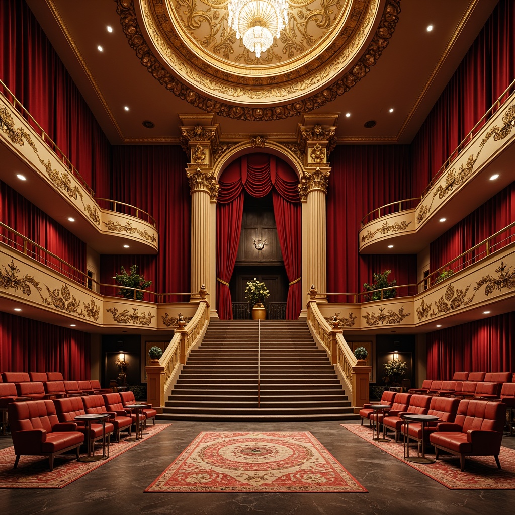 Prompt: Luxurious opera house interior, grand staircase, velvet red curtains, gilded ornate details, richly patterned carpets, plush seating areas, intricately designed chandeliers, marble floors, sweeping balconies, majestic high ceilings, opulent gold leaf accents, lavish drapery, sophisticated sound systems, state-of-the-art acoustics, ergonomic audience chairs, premium leather upholstery, metallic chrome legs, minimalist coffee tables, ambient stage lighting, dramatic spotlights, soft warm glow, shallow depth of field, 3/4 composition, panoramic view.