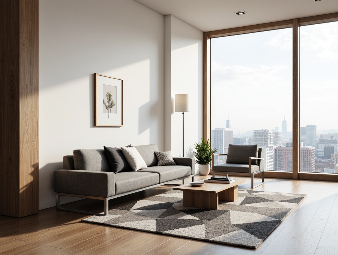 Prompt: Minimalist living room, sleek low-profile sofa, monochromatic color scheme, polished metal legs, compact coffee table, geometric patterned rug, floor-to-ceiling windows, natural light, urban city view, modern minimalist decor, simple lines, functional simplicity, clutter-free environment, Scandinavian-inspired design, oak wood accents, hidden storage compartments, soft warm lighting, 1/1 composition, shallow depth of field, realistic textures.