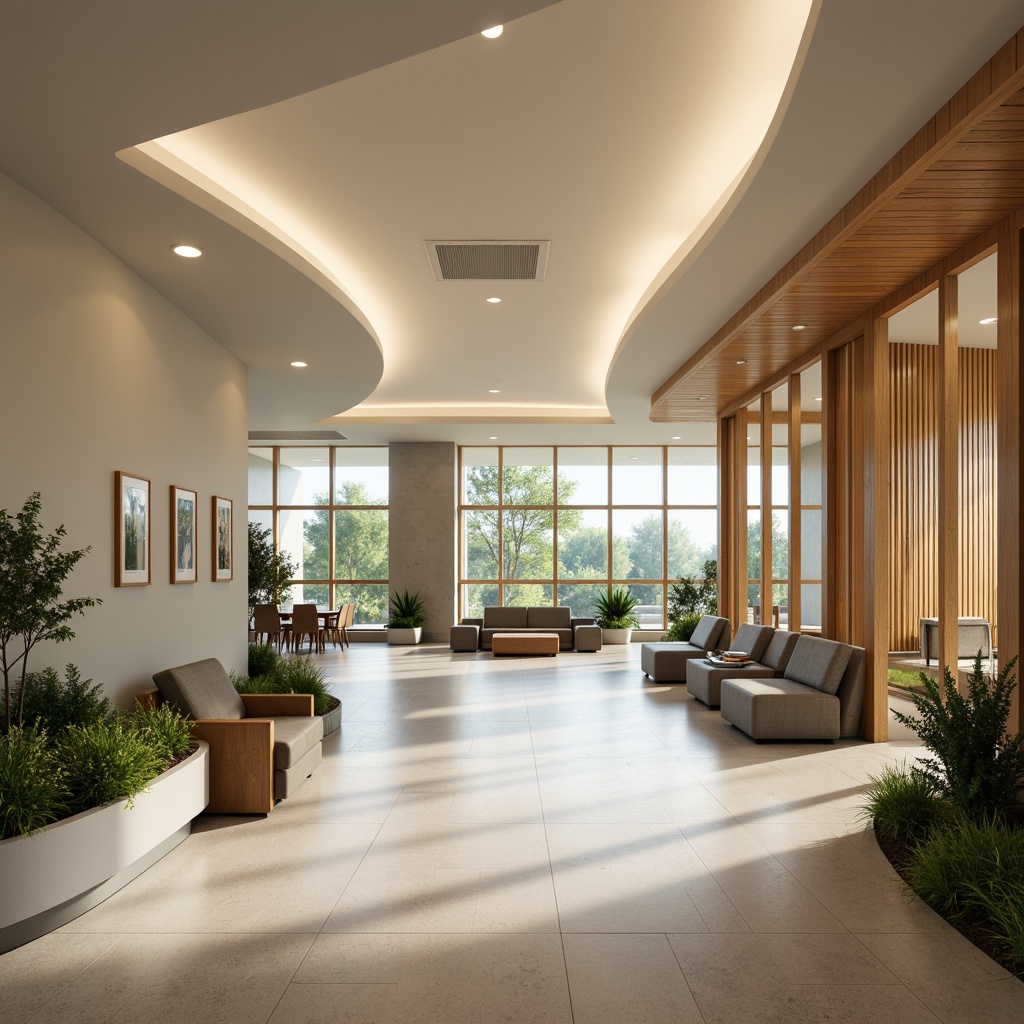 Prompt: Calming healthcare facility, soothing color palette, gentle curves, natural wood accents, sound-absorbing panels, acoustic diffusers, peaceful waiting areas, comfortable seating, lush greenery, warm lighting, soft shadows, minimalist decor, calming artwork, serene atmosphere, shallow depth of field, 1/2 composition, subtle textures, ambient occlusion.