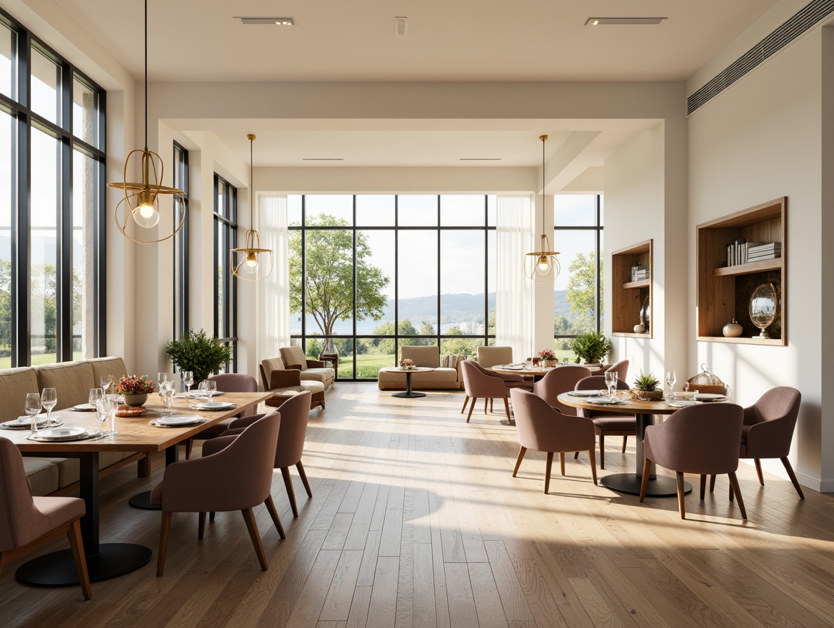 Prompt: Modern dining room, sleek furniture, minimalist decor, spacious open layout, large windows, natural light, wooden flooring, creamy white walls, stylish chandeliers, elegant table settings, comfortable upholstered chairs, built-in shelves, decorative vases, fresh greenery, soft warm lighting, shallow depth of field, 3/4 composition, realistic textures, ambient occlusion.