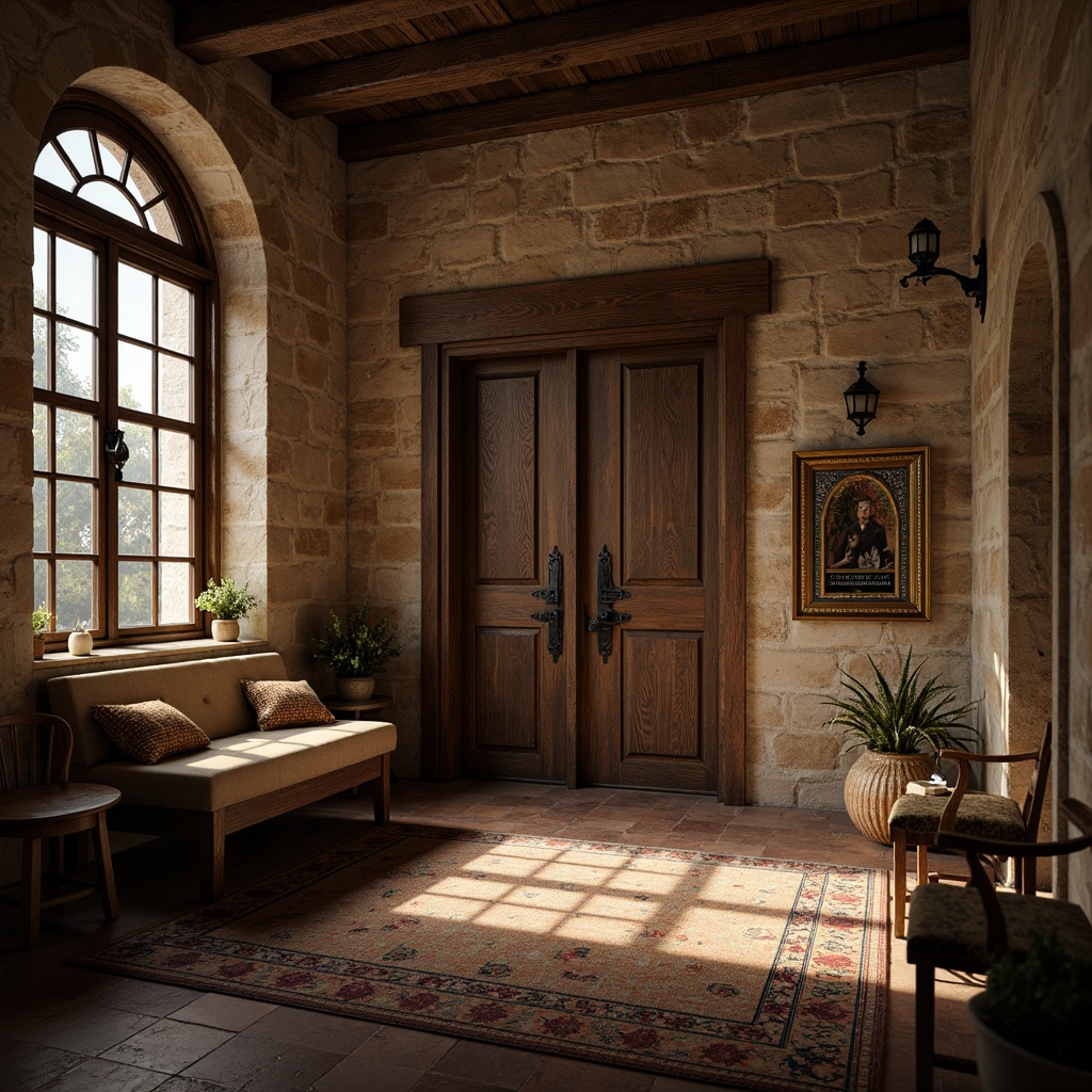 Prompt: Rustic monastery walls, textured stone surfaces, earthy color palette, weathered wooden doors, ornate metal hinges, lantern-style lighting, arched windows, stained glass details, intricate carvings, rustic furniture, natural fiber textiles, dim warm lighting, shallow depth of field, 1/1 composition, atmospheric perspective, realistic wear and tear.