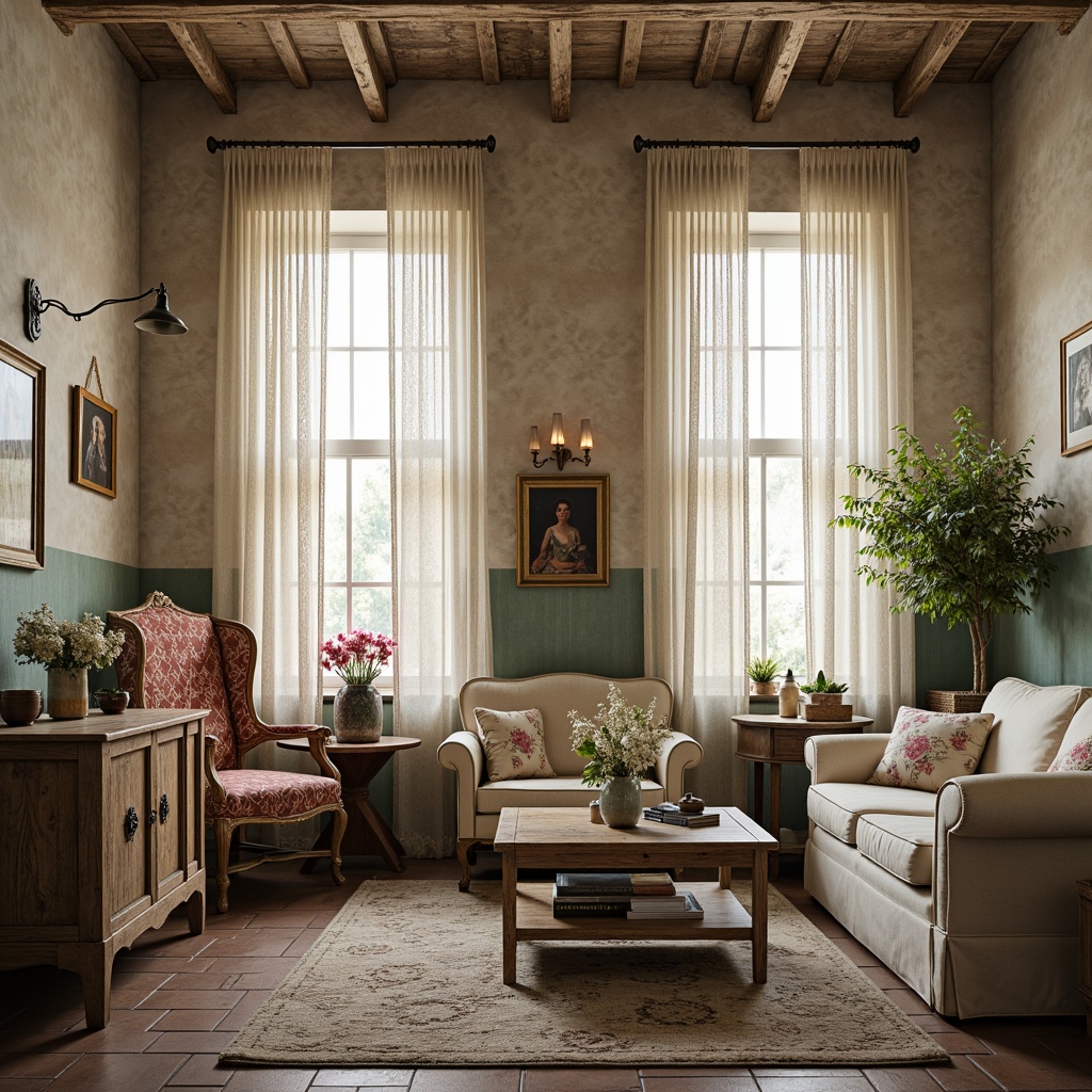 Prompt: Distressed wood furniture, vintage decor, soft pastel colors, lace curtains, floral patterns, rustic metal accents, worn leather upholstery, antique accessories, natural stone flooring, distressed finishes, ornate details, feminine silhouettes, elegant lines, romantic ambiance, warm candlelight, shallow depth of field, 1/2 composition, realistic textures, ambient occlusion.