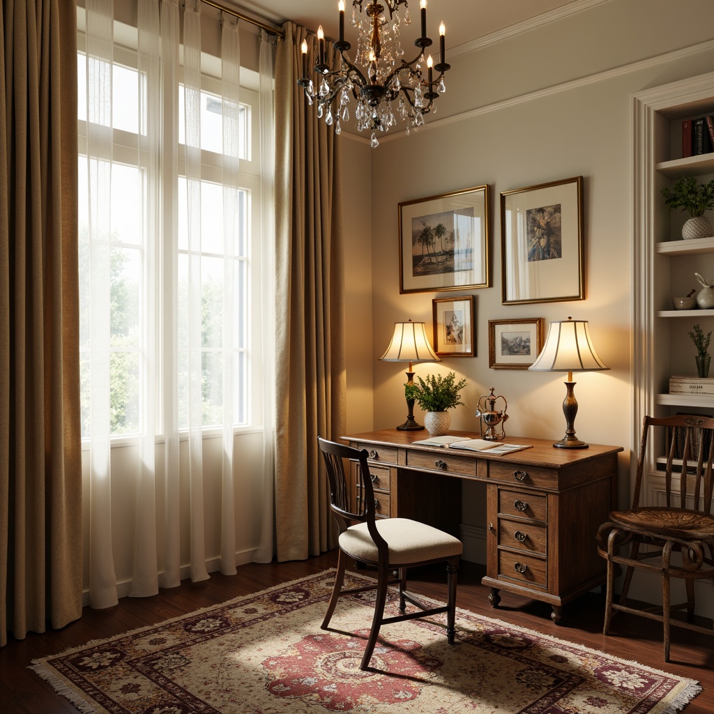 Prompt: Distressed wood desk, vintage metal chair, soft cream walls, floral patterned rug, rustic wooden shelves, ornate gold frames, warm beige curtains, lace drapes, antique bronze lighting fixtures, crystal chandelier, mercury glass pendant lights, linen shades, candlestick table lamps, warm white glow, soft focus, shallow depth of field, 1/1 composition, romantic ambiance, realistic textures.