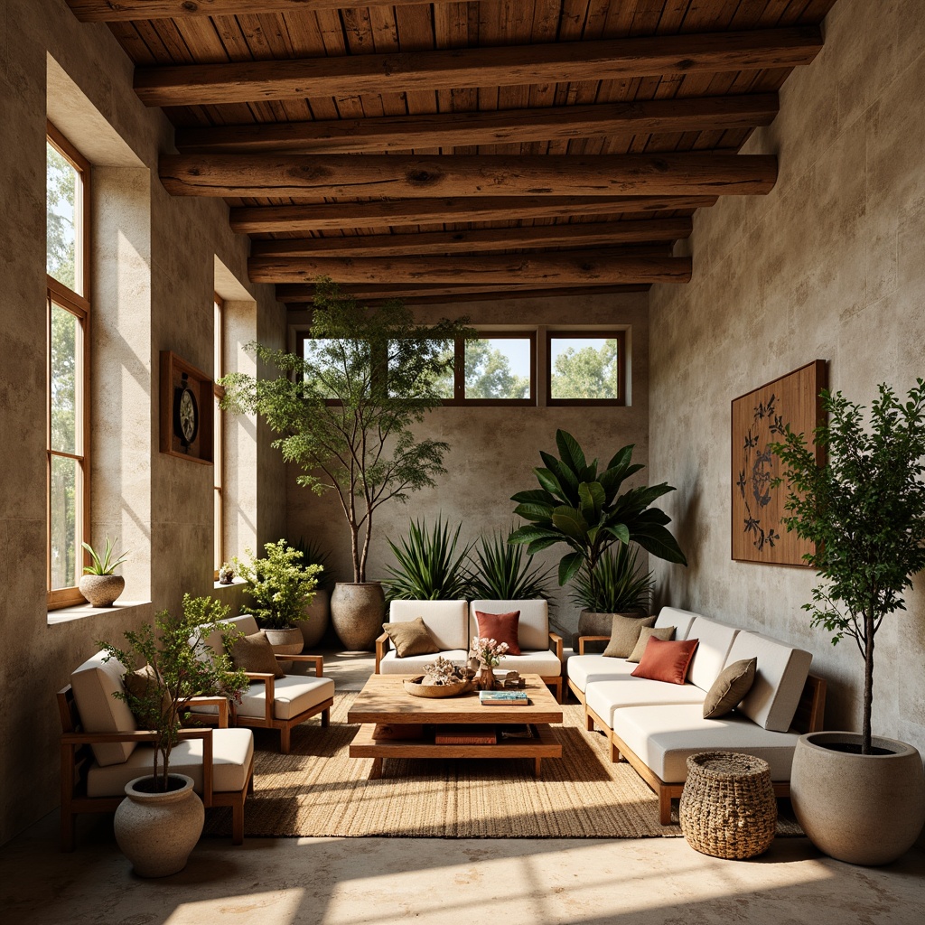 Prompt: Earthy tone, reclaimed wood, natural stone walls, wooden beams, rustic metal accents, woven bamboo furniture, jute rug, potted plants, earthy ceramics, woven textiles, organic shapes, soft warm lighting, cozy atmosphere, shallow depth of field, 3/4 composition, realistic textures, ambient occlusion.