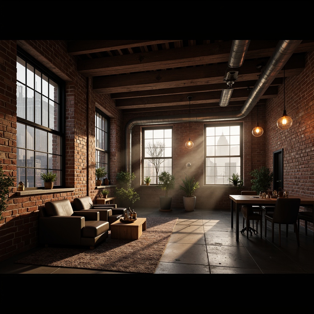 Prompt: Exposed brick walls, industrial metal beams, reclaimed wood accents, vintage factory windows, distressed concrete floors, urban cityscape views, moody dark tones, warm golden lighting, metal shade lamps, pendant light fixtures, Edison bulbs, atmospheric fog, mysterious shadows, cinematic composition, low-key lighting, 3/4 frame ratio, realistic textures, ambient occlusion.