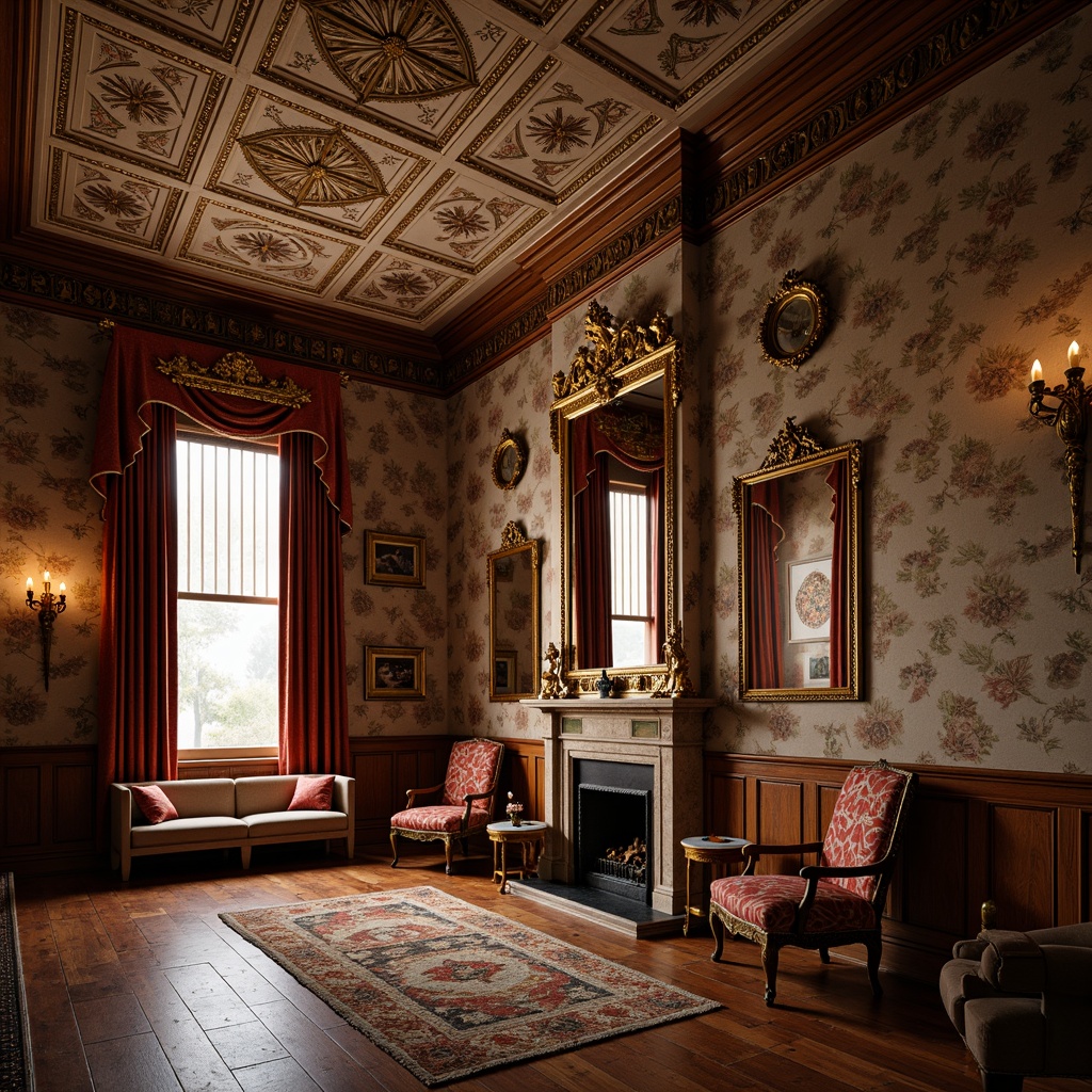 Prompt: Richly patterned wallpapers, ornate plaster ceilings, intricately carved wooden wainscoting, luxurious velvet drapes, heavily ornamented cornices, gilded mirrors, polished walnut paneling, ornamental moldings, soft warm candlelight, shallow depth of field, 1/2 composition, detailed textures, ambient occlusion.