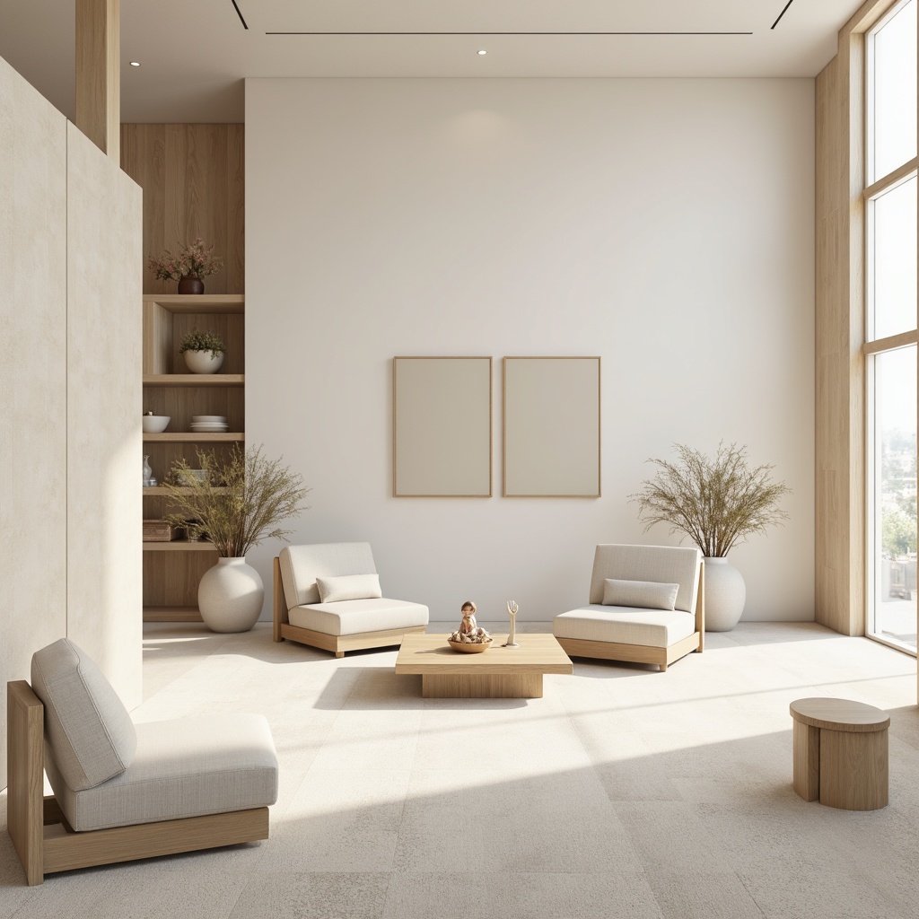 Prompt: Monochromatic interior space, soft creamy whites, gentle beige tones, subtle warm grays, natural wood accents, minimalist decor, sparse furniture arrangement, ample negative space, serene atmosphere, soft diffused lighting, shallow depth of field, 1/1 composition, realistic textures, ambient occlusion.