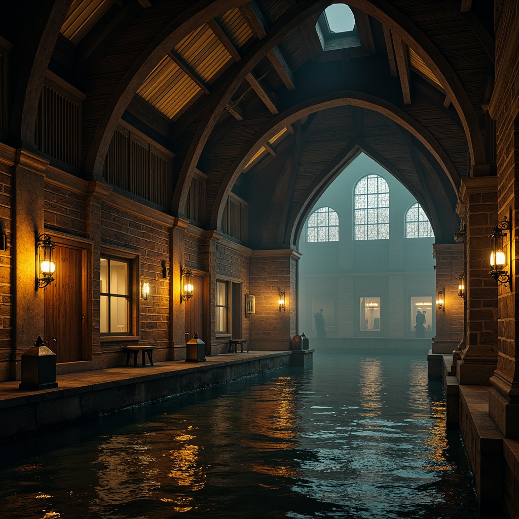 Prompt: Mysterious boathouse, Gothic architectural style, intricate stone carvings, grandiose wooden beams, dimly lit interior, warm golden lighting, flickering candles, rustic lanterns, ornate metal fixtures, stained glass windows, dark mysterious water, misty atmosphere, eerie fog, shallow depth of field, 1/1 composition, cinematic view, realistic textures, ambient occlusion.