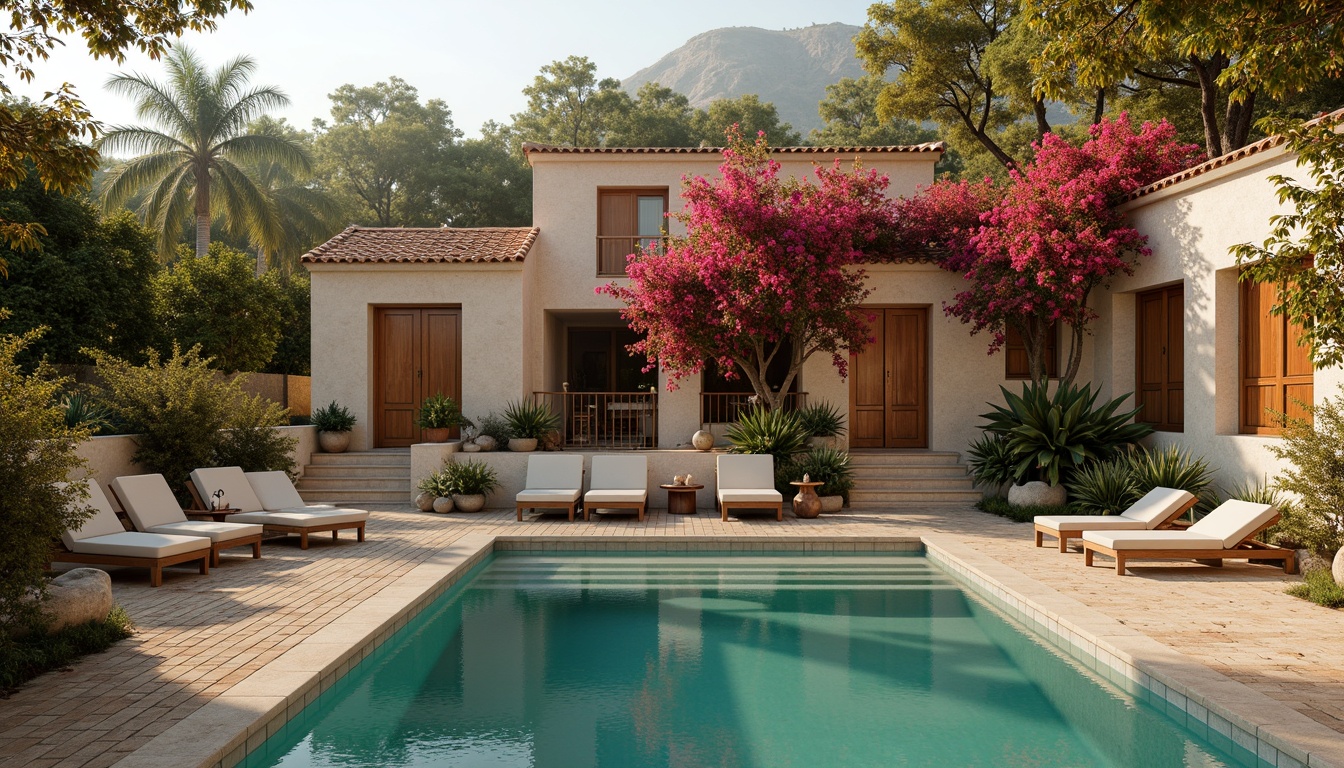 Prompt: Warm Mediterranean villa, rustic stone walls, terracotta roof tiles, lush greenery, vibrant bougainvillea flowers, turquoise pool water, sun-kissed wooden decks, soft warm lighting, shallow depth of field, 3/4 composition, panoramic view, realistic textures, ambient occlusion, earthy tone colors, burnt orange accents, creamy whites, weathered wood textures, natural fiber fabrics, woven rattan furniture, distressed metal decor, fragrant herbs, citrus trees, misty morning atmosphere.