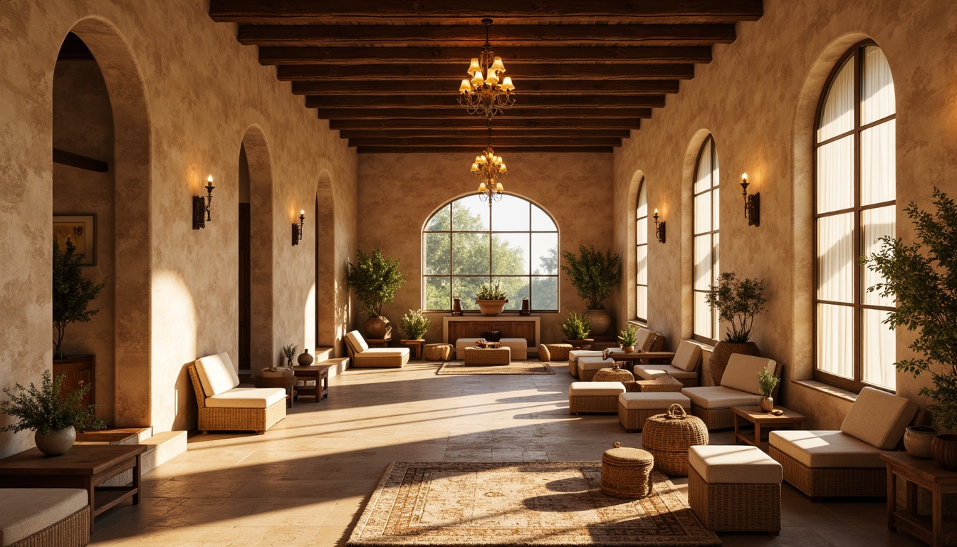 Prompt: Warm Mediterranean interior, rustic stone walls, soft creamy arches, ornate wooden beams, elegant chandeliers, warm golden lighting, ambient candles, natural daylight, sheer curtains, filtered sunlight, subtle shadows, 3-point lighting setup, high-key illumination, softbox lighting, warm color temperature, inviting ambiance, cozy nooks, plush furnishings, textured rugs, vintage decorative accents.