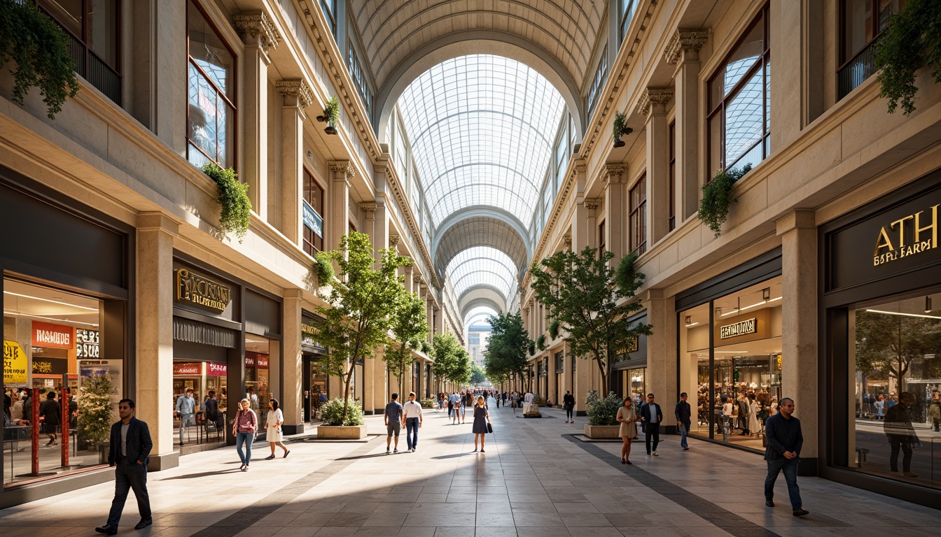 Prompt: Grand shopping center, majestic arches, ornate details, polished marble floors, sleek glass railings, modern LED lighting, high ceilings, open atriums, vibrant storefront displays, pedestrian walkways, lively atmosphere, busy commercial district, urban skyscrapers, sunny day, soft warm lighting, shallow depth of field, 3/4 composition, panoramic view, realistic textures, ambient occlusion.