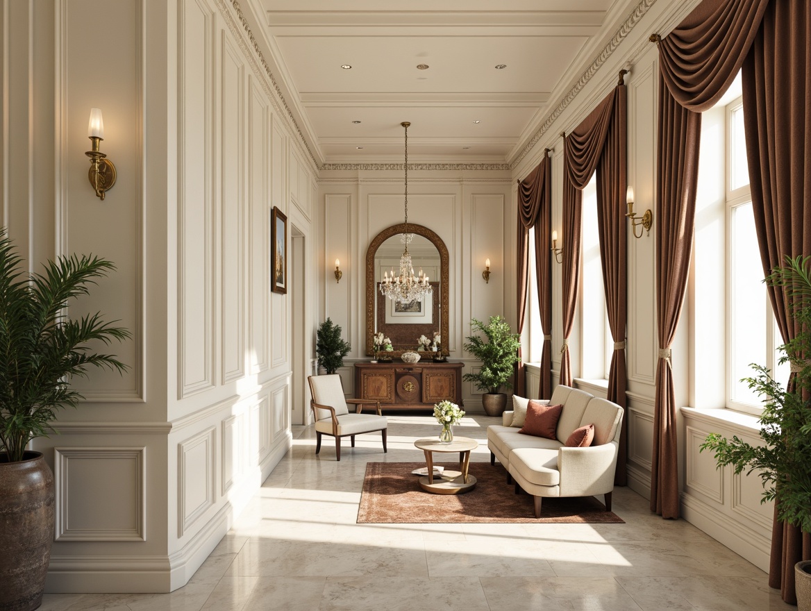 Prompt: Luxurious interior design, ornate moldings, intricate carvings, creamy white walls, rich wood tones, polished marble floors, crystal chandeliers, velvet drapes, tufted upholstery, gilded accents, soft warm lighting, shallow depth of field, 3/4 composition, realistic textures, ambient occlusion.