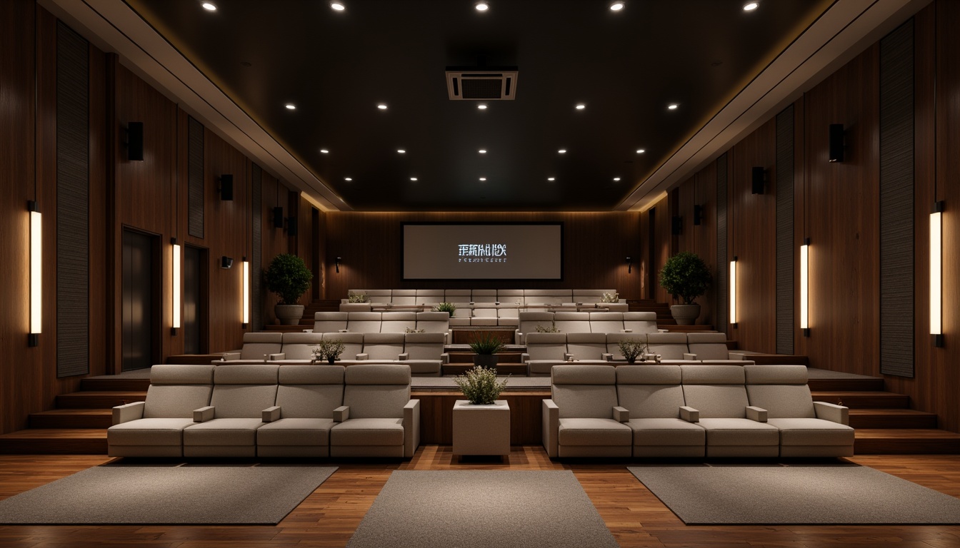 Prompt: Luxurious cinema interior, modern minimalist design, sleek soundproofing panels, acoustic absorption materials, premium fabric upholstery, polished chrome accents, atmospheric dimmable lighting, rich wood flooring, contemporary seating arrangements, state-of-the-art audio equipment, immersive cinematic experience, 3D surround sound systems, precise speaker placement, sound wave diffusers, bass trap designs, high ceilings, open floor plans, subtle color schemes, soft warm ambiance, shallow depth of field, 2/3 composition, realistic textures, ambient occlusion.