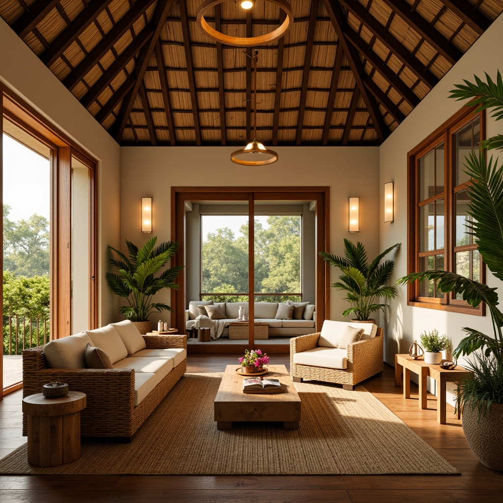 Prompt: Warm tropical ambiance, natural rattan furniture, woven bamboo textures, lush greenery, exotic flower arrangements, warm beige walls, polished wooden floors, soft golden lighting, table lamps with linen shades, floor-to-ceiling sliding glass doors, minimalist decor, organic shapes, earthy color palette, cozy reading nooks, plush throw pillows, natural fiber rugs, subtle aromas, warm breeze, shallow depth of field, 1/1 composition, soft focus, realistic reflections.