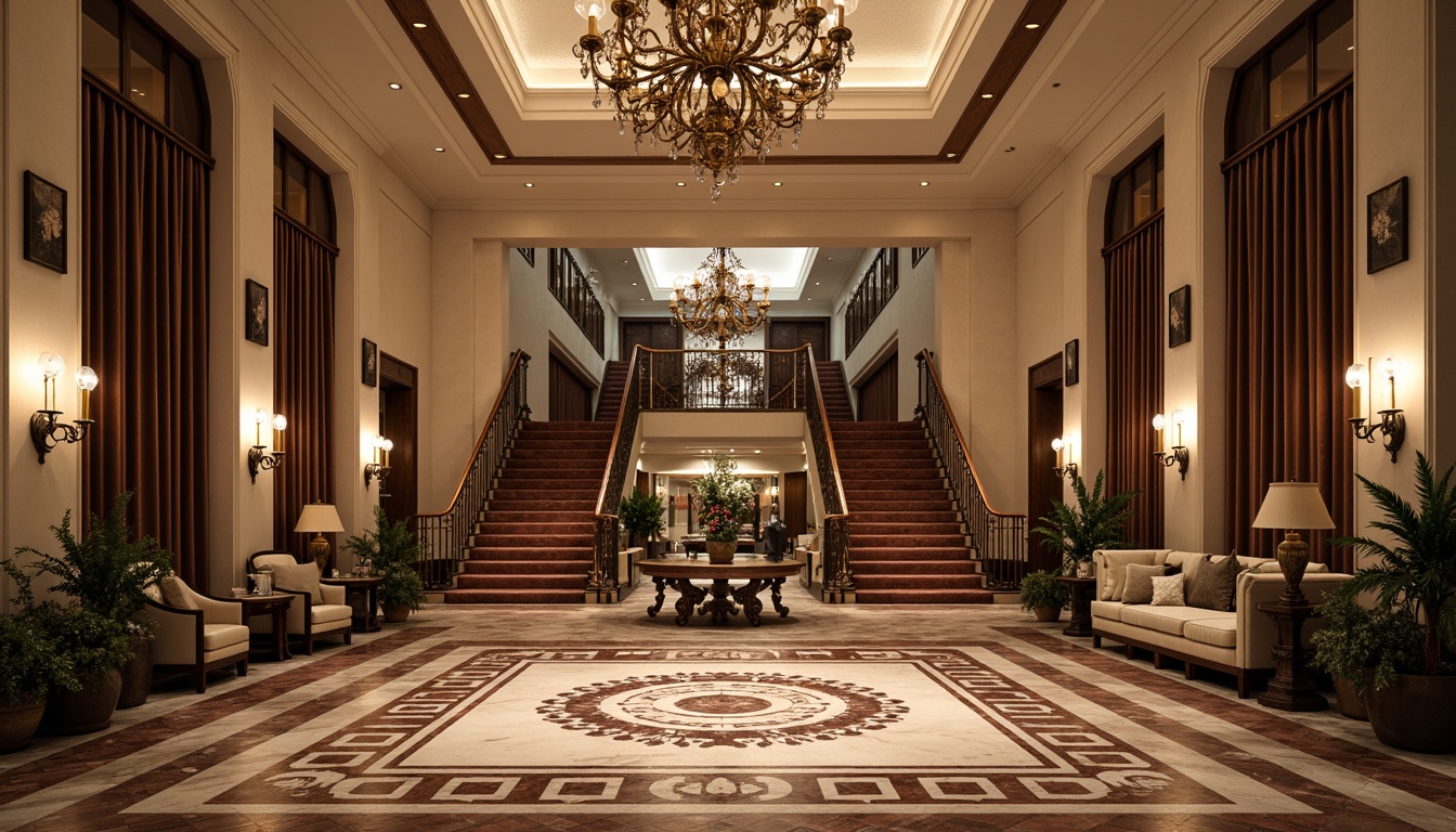 Prompt: Luxurious hotel lobby, opulent chandeliers, intricately patterned marble floors, grand staircase, ornate metal railings, lavish furnishings, rich wood accents, velvet drapes, crystal sconces, elegant archways, refined column details, sophisticated color palette, warm ambient lighting, shallow depth of field, 1/1 composition, realistic textures, ambient occlusion.