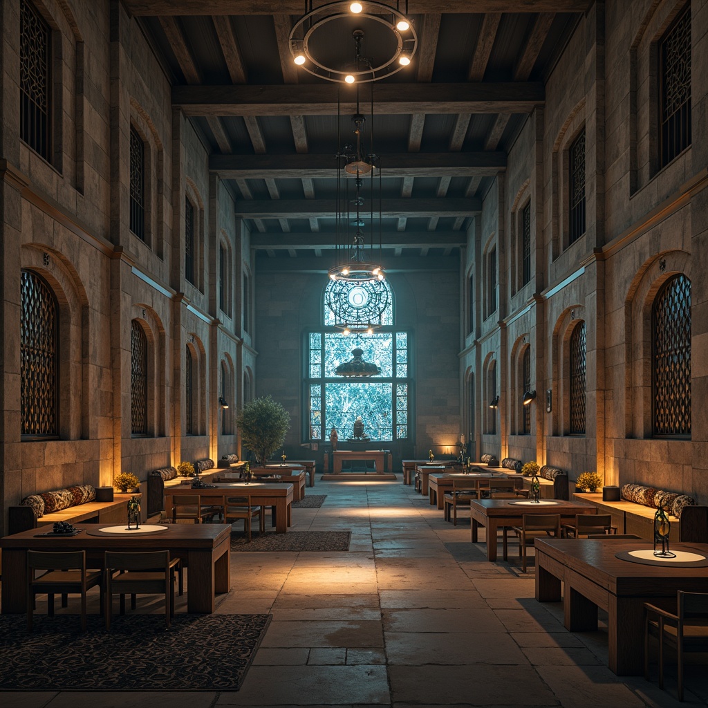 Prompt: Monastic furniture, futuristic accents, metallic materials, minimalist decor, sacred symbols, ornate carvings, mystical ambiance, dim warm lighting, atmospheric fog, eerie silence, isolated cloisters, ancient stone walls, modernist architecture, geometric patterns, holographic displays, levitating chairs, gravity-defying tables, cyberpunk nuances, neon-lit corridors, virtual reality interfaces, 3D-printed decor, augmented reality experiences, immersive environments, avant-garde aesthetics.