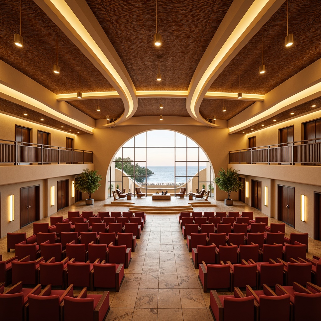 Prompt: Warm Mediterranean-style auditorium, curved wooden ceilings, ornate decorative patterns, warm beige walls, soft golden lighting, floor-to-ceiling windows, panoramic sea views, natural stone floors, elegant chandeliers, subtle ambient glow, LED strip lights, recessed lighting, stepped seating, plush red velvet chairs, polished wooden handrails, grand entrance lobby, high ceilings, airy atmosphere, warm color palette, gentle spotlights, soft shadows, 1/2 composition, cinematic lighting effects, realistic renderings.