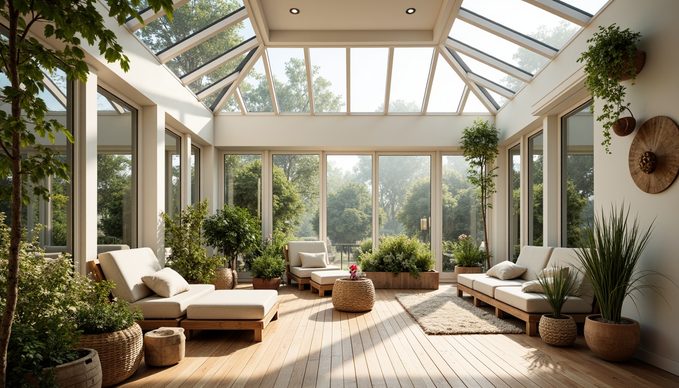 Prompt: Sun-drenched sunroom, large skylights, floor-to-ceiling windows, sliding glass doors, white interior walls, polished wooden floors, natural textiles, vibrant greenery, potted plants, hanging floral arrangements, soft warm lighting, gentle shadows, 1/1 composition, shallow depth of field, realistic textures, ambient occlusion.