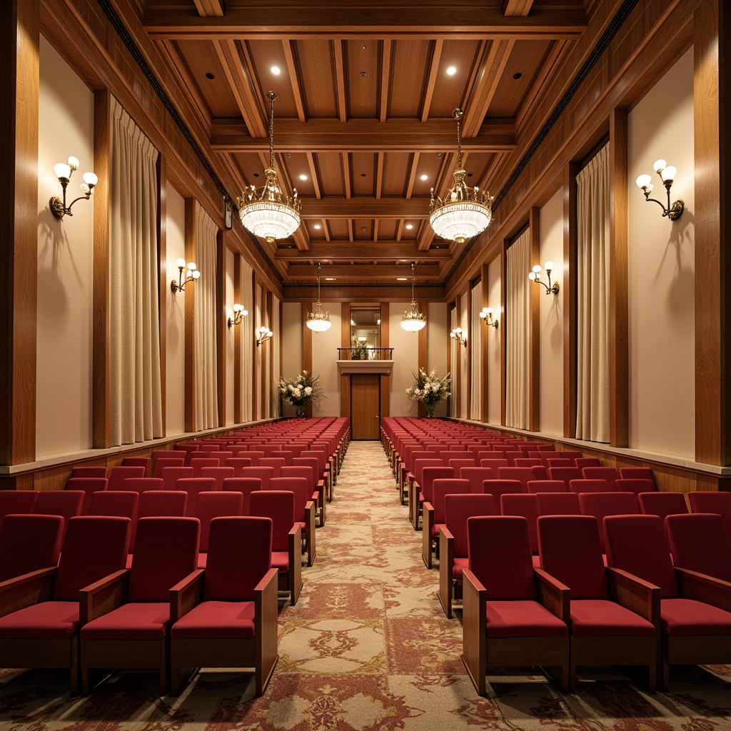 Prompt: Elegant auditorium interior, rich wood accents, warm beige walls, plush crimson red seats, polished bronze fixtures, sophisticated chandeliers, soft cream-colored curtains, subtle patterned carpets, tranquil atmosphere, natural daylight, gentle warm lighting, shallow depth of field, 1/1 composition, symmetrical view, realistic textures, ambient occlusion.