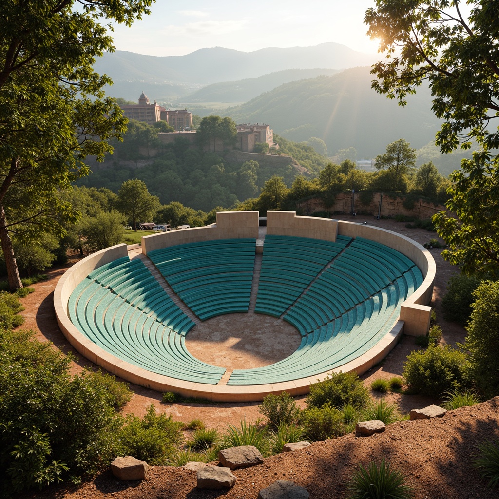 Prompt: Vibrant amphitheater, curved seating tiers, bold concrete structure, warm golden lighting, rich turquoise accents, deep blue seats, lush greenery surroundings, natural stone walls, earthy brown terrain, sunny afternoon, soft warm shadows, atmospheric misting, 3/4 composition, panoramic view, realistic textures, ambient occlusion.