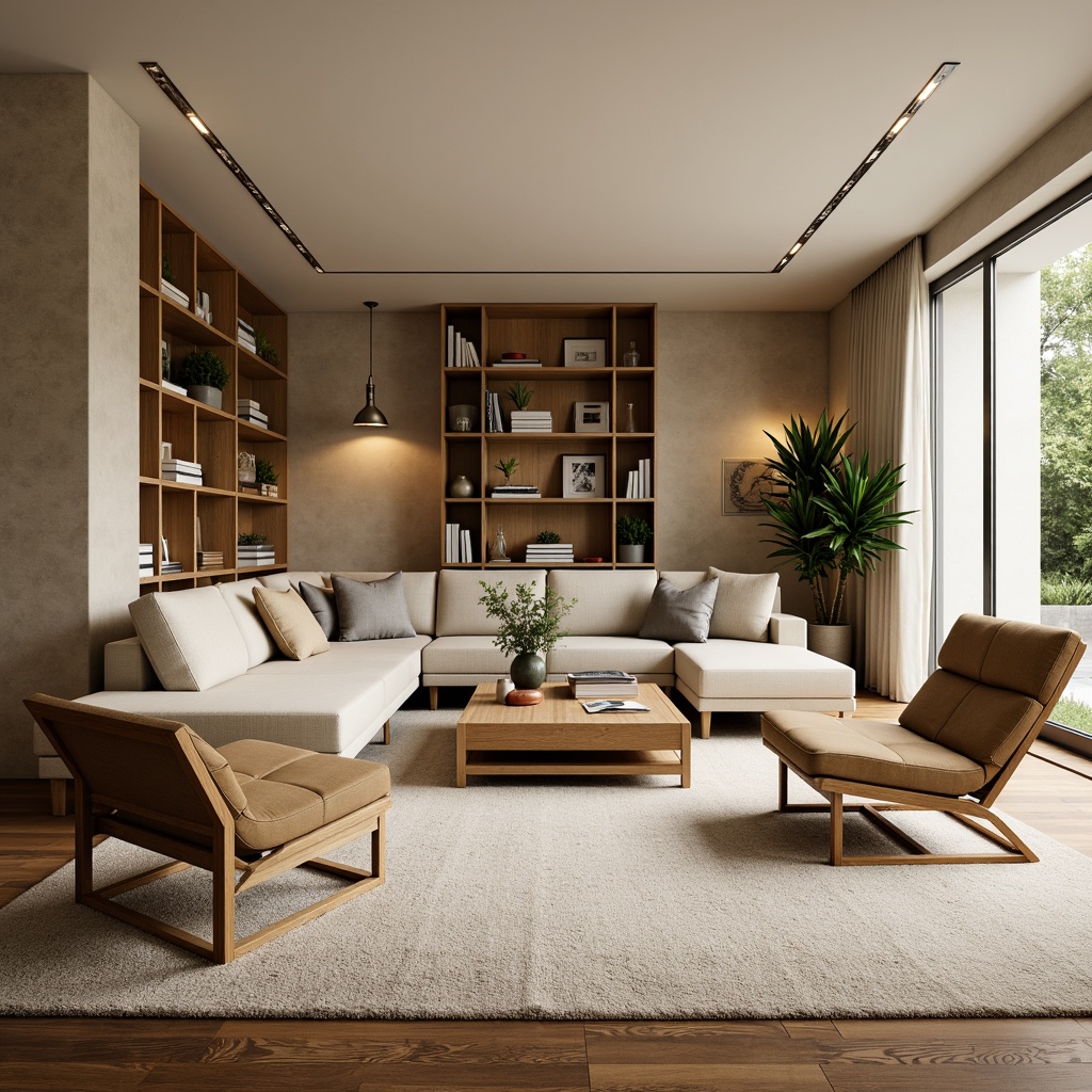 Prompt: Cozy living room, comfortable sofas, plush armchairs, wooden coffee tables, functional shelving units, stylish rugs, warm lighting fixtures, soft beige walls, modern minimalist decor, airy open space, cleverly hidden storage, ergonomic desk chairs, sleek laptop stands, organized bookshelves, vibrant green plants, natural wood flooring, harmonious color schemes, 1/3 composition, shallow depth of field, realistic textures.