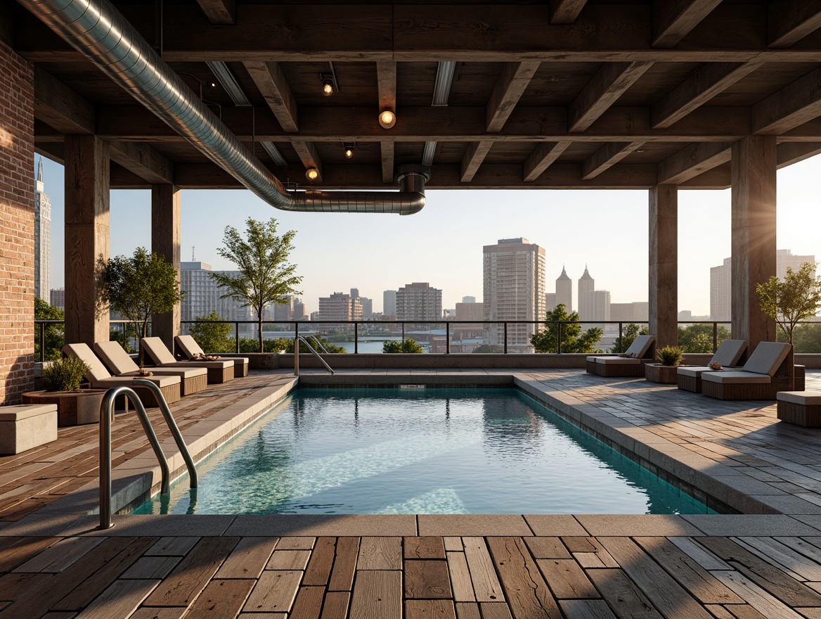 Prompt: Rustic industrial pool deck, distressed wood planks, metal accents, reclaimed wood benches, vintage swim ladders, concrete coping stones, exposed ductwork, steel beam structures, Edison bulb lighting, urban landscape views, cityscape backgrounds, soft warm glow, shallow depth of field, 1/1 composition, realistic textures, ambient occlusion.