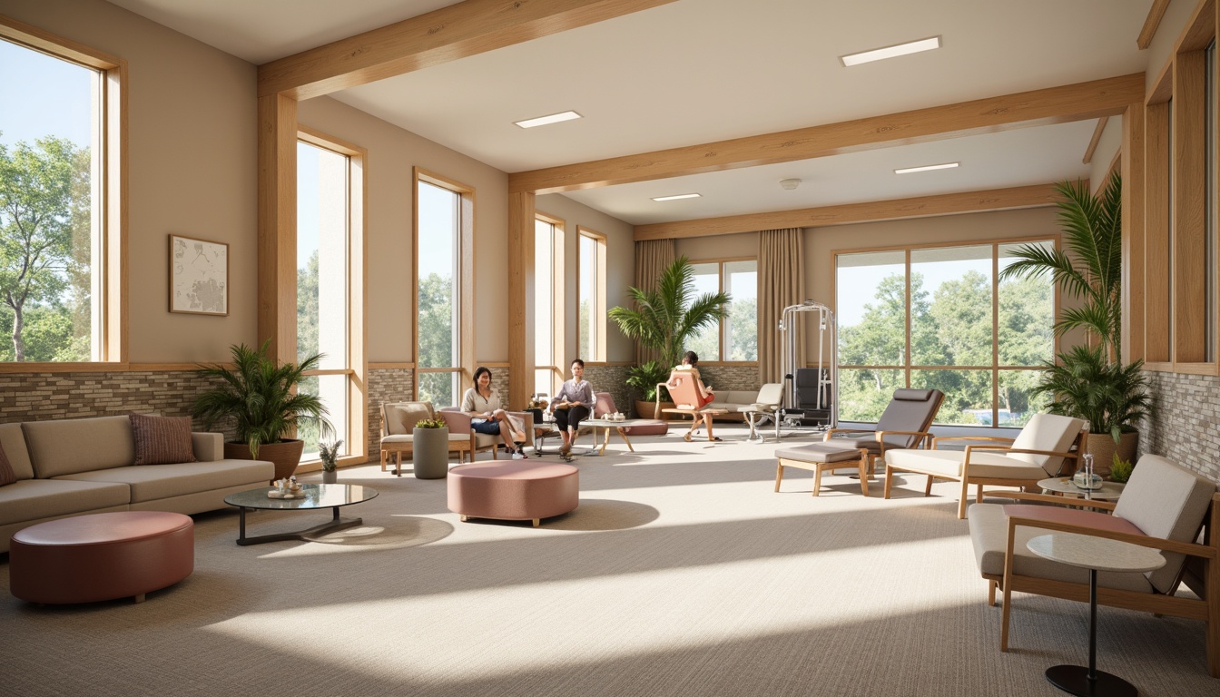 Prompt: Rehabilitation center interior, soothing color palette, natural wood accents, soft plush carpets, calming water features, gentle stone walls, warm beige tones, comfortable seating areas, ergonomic furniture design, adaptive exercise equipment, large windows with abundant natural light, subtle gradient lighting, shallow depth of field, 1/1 composition, realistic textures, ambient occlusion.