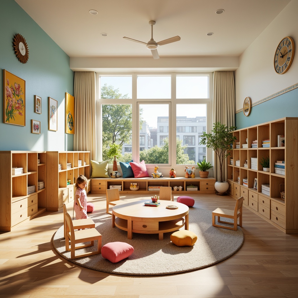 Prompt: Vibrant kindergarten classroom, wooden tables and chairs, rounded edges, soft pastel colors, geometric shapes, natural wood accents, mid-century modern style, minimalist decor, circular rug, cozy reading nook, playful pillows, educational toys, colorful storage bins, large windows, plenty of natural light, soft warm lighting, shallow depth of field, 1/2 composition, realistic textures, ambient occlusion.