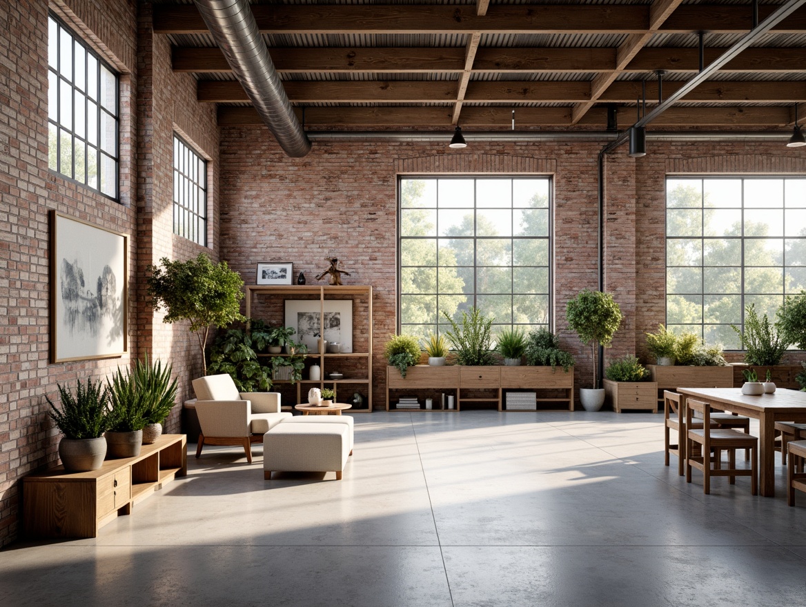 Prompt: Minimalist warehouse interior, open floor plan, Nordic-inspired industrial chic, exposed brick walls, polished concrete floors, sleek metal beams, abundant natural light, floor-to-ceiling windows, Scandinavian wooden accents, modular shelving systems, functional workstations, ergonomic chairs, greenery-filled planters, soft warm lighting, 1/1 composition, shallow depth of field, realistic textures, ambient occlusion.