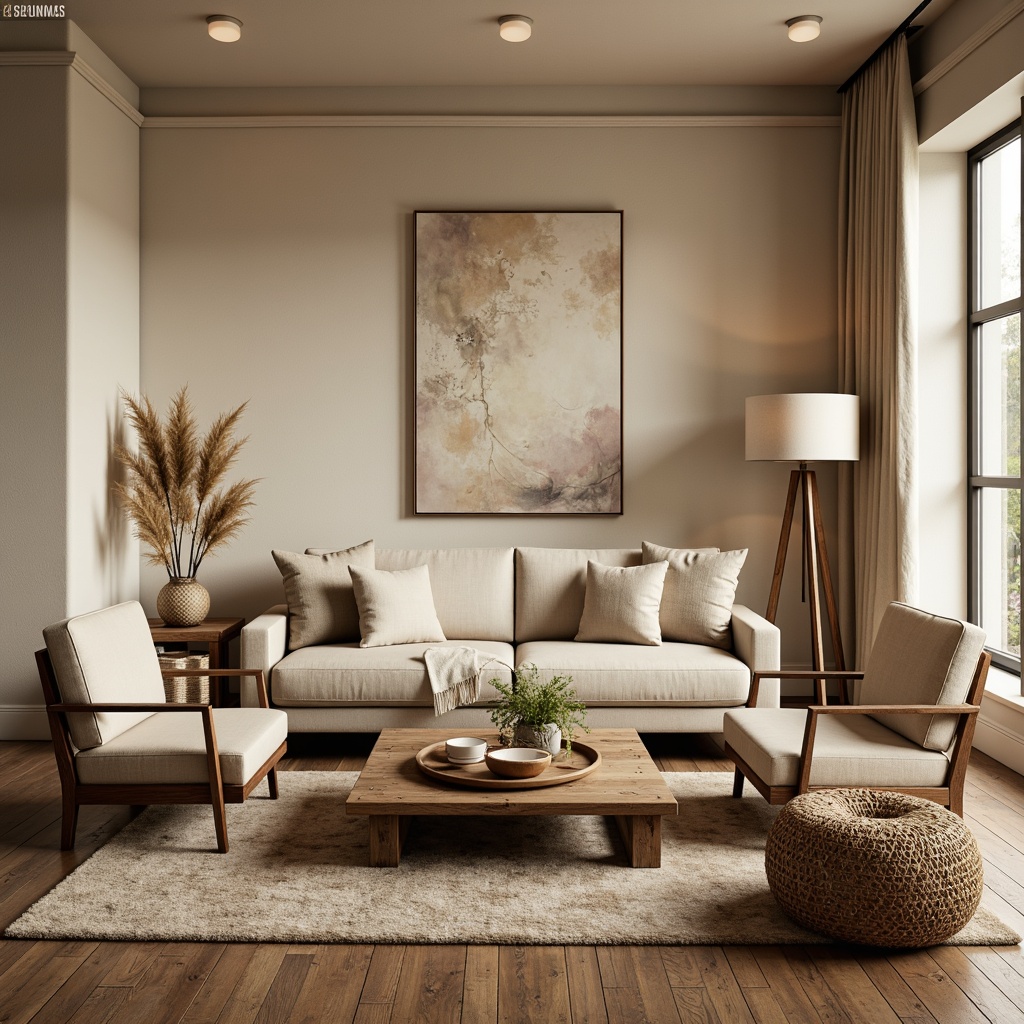 Prompt: Cozy living room, plush sofas, velvet armchairs, reclaimed wood coffee tables, woven baskets, soft pastel colors, warm beige walls, rustic metal accents, natural fiber rugs, oversized floor lamps, comfortable throw pillows, modern minimalist decor, subtle textures, ambient warm lighting, shallow depth of field, 2/3 composition, realistic reflections.