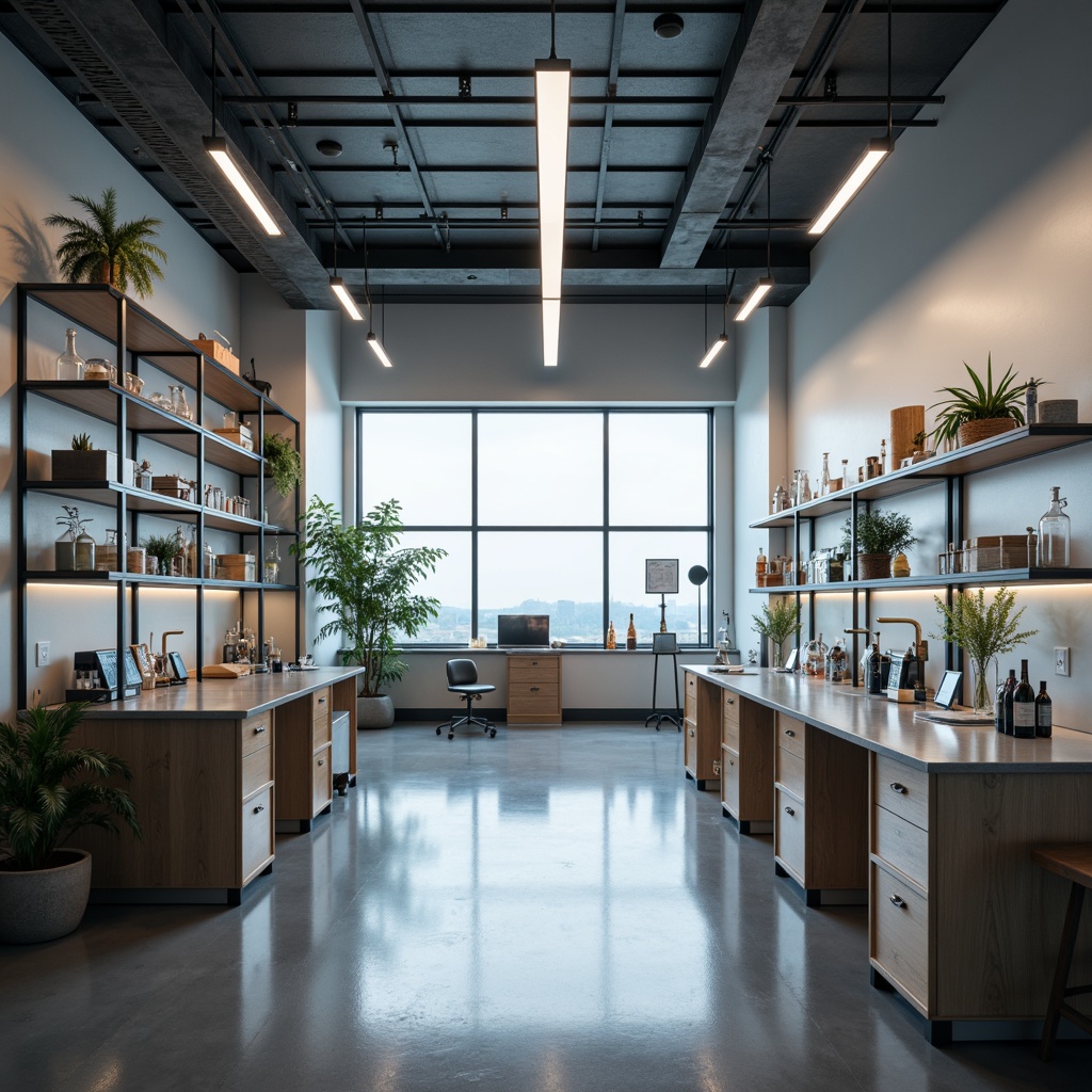 Prompt: Minimalist laboratory interior, clean lines, simple shapes, neutral color palette, industrial chic furniture, metal shelves, glass countertops, epoxy resin flooring, LED strip lighting, suspended linear fixtures, recessed ceiling lights, soft warm glow, high-contrast shadows, 1/2 composition, cinematic atmosphere, subtle textures, ambient occlusion.