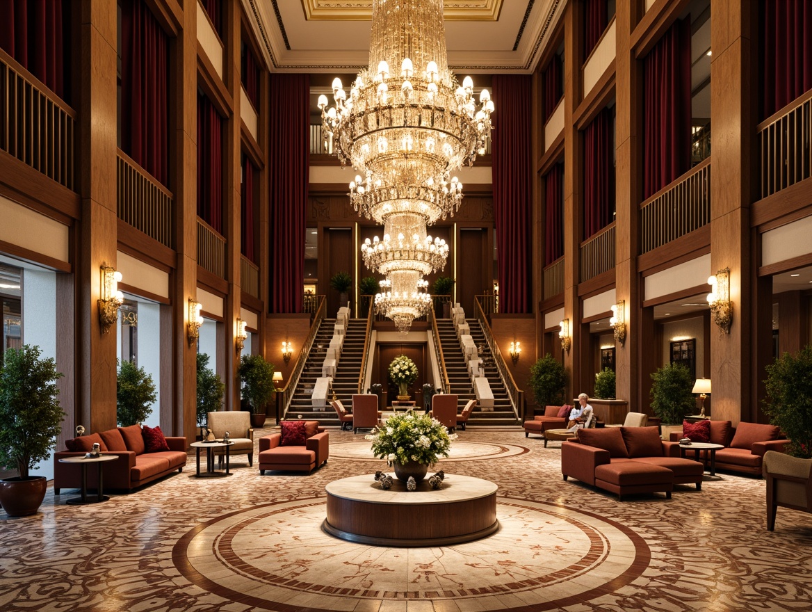 Prompt: Luxurious hotel lobby, grandiose chandeliers, intricately patterned marble floors, opulent furnishings, velvet drapes, ornate gold accents, lavish foyers, sweeping staircases, crystal sconces, rich wood paneling, majestic columns, refined modern amenities, sophisticated color palette, warm ambient lighting, shallow depth of field, 2/3 composition, elegant archways, dramatic ceiling heights, lavish textiles, intricate moldings, luxurious carpets, grandiose entranceways.