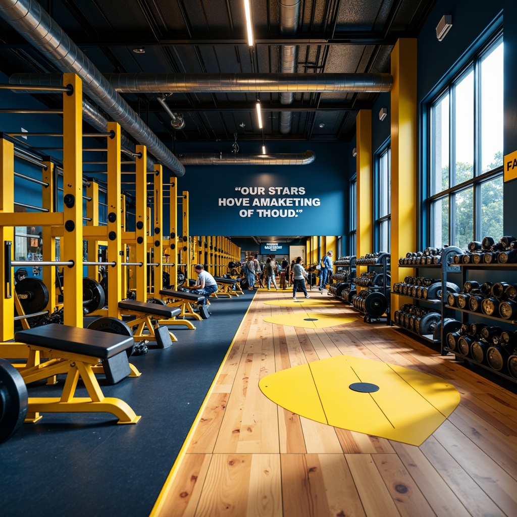 Prompt: Vibrant gym interior, bold industrial equipment, metallic accents, dynamic color scheme, energizing yellow tones, deep blue hues, contrasting white highlights, motivational quotes, wooden flooring, modern LED lighting, high ceilings, spacious layout, 1/1 composition, shallow depth of field, realistic textures, ambient occlusion.