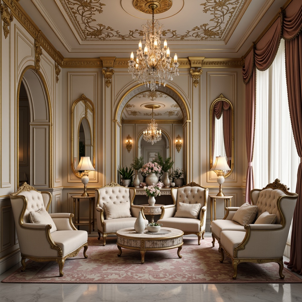 Prompt: Luxurious boudoir, ornate gold accents, velvet upholstery, curved wooden legs, intricately carved details, soft pastel hues, delicate porcelain vases, crystal chandeliers, lavish drapery, rich fabrics, tufted sofas, wingback chairs, gilded mirrors, antique furniture pieces, elegant marble floors, subtle Rococo patterns, warm candlelight, shallow depth of field, 1/1 composition, realistic textures.