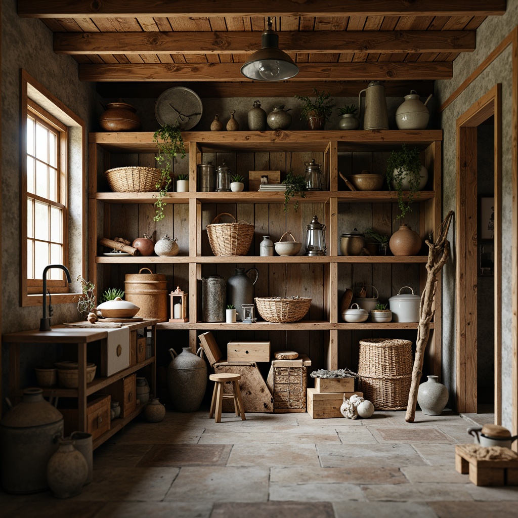 Prompt: Rustic storage room, vintage farmhouse decor, reclaimed wood shelving, distressed metal accents, earthy color palette, natural stone flooring, wooden crates, woven baskets, antique farm tools, rustic lanterns, soft warm lighting, shallow depth of field, 1/1 composition, realistic textures, ambient occlusion.