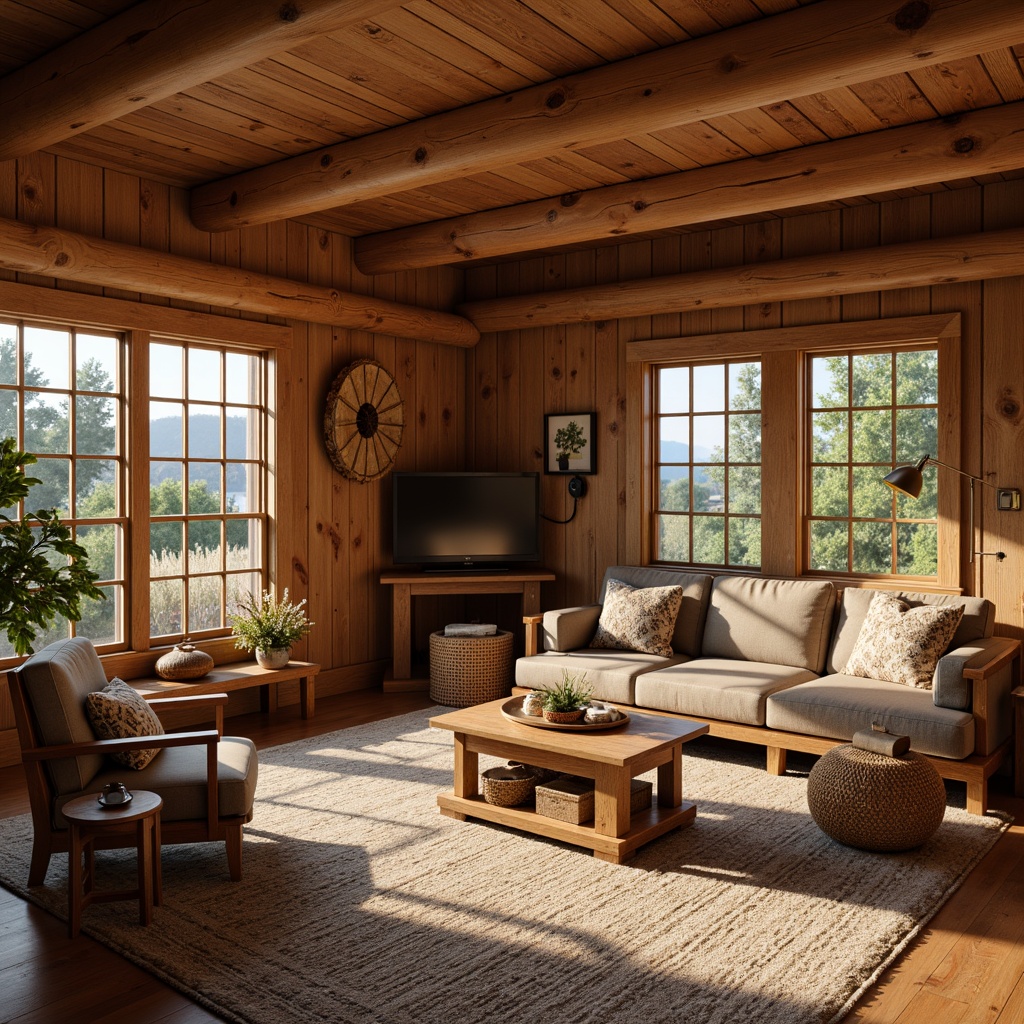 Prompt: Cozy living room, warm wood tones, rich wooden paneling, craftsman-style furniture, intricate woodworking details, handcrafted wooden decorations, earthy color palette, natural textiles, woven baskets, vintage accessories, plush area rugs, soft warm lighting, shallow depth of field, 3/4 composition, inviting atmosphere, realistic wood grain textures, ambient occlusion.